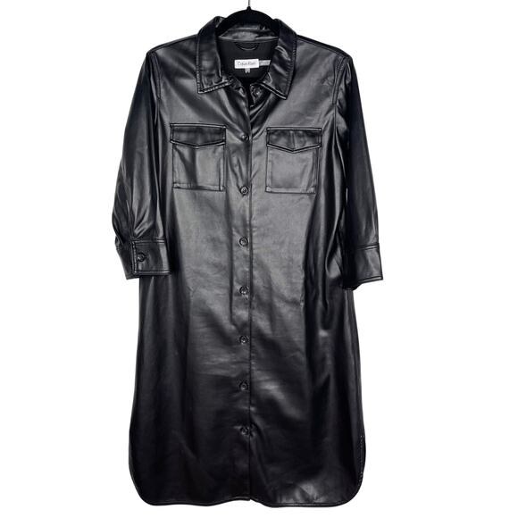 Calvin Klein S Black Faux Leather Button Front 3/4 Sleeve Shirt Dress Collared - Picture 1 of 8